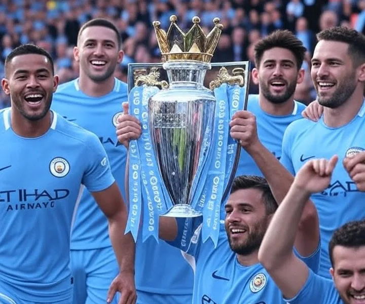 Champions League trophy celebration with Manchester City players in blue jerseys.