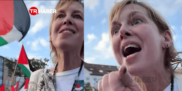 Almanya’da Filistin protestosuna katılan kadının dünyaya isyanı! Almanya’da Filistin protestosuna katılan kadının dünyaya Filistin isyanı!Alman vatandaşı kadın