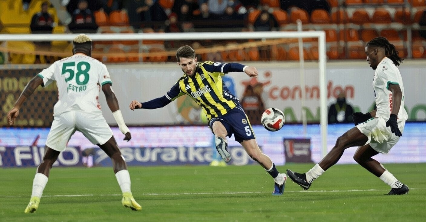 Two soccer players competing for the ball during a match, with one player in yellow and blue stripes and two players in white jerseys.