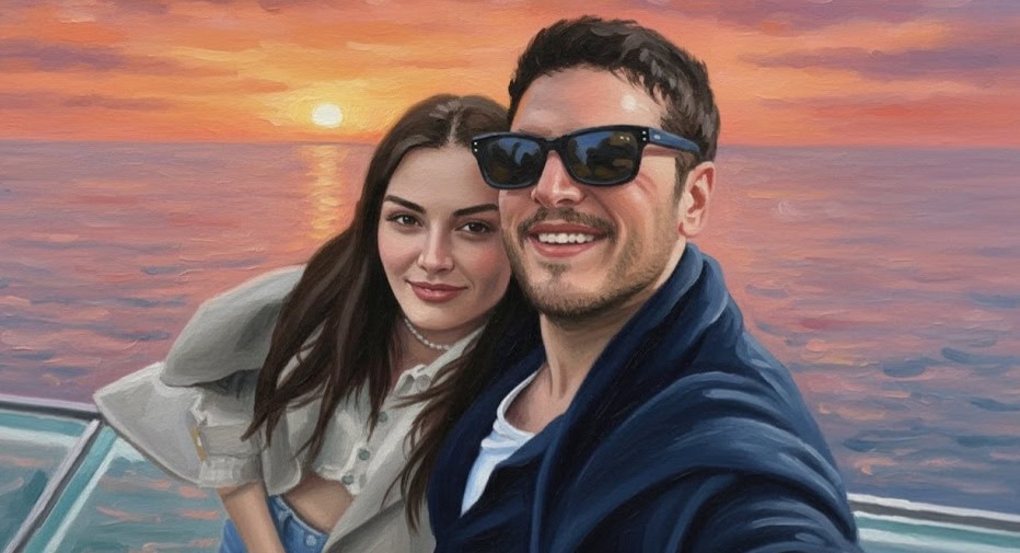Sunset on the sea with a happy couple taking a selfie, scenic background, enjoy privacy and tranquility.