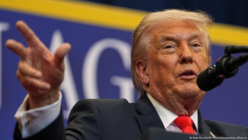 Donald Trump speaking at a political event, emphasizing his influence on European and American relat.